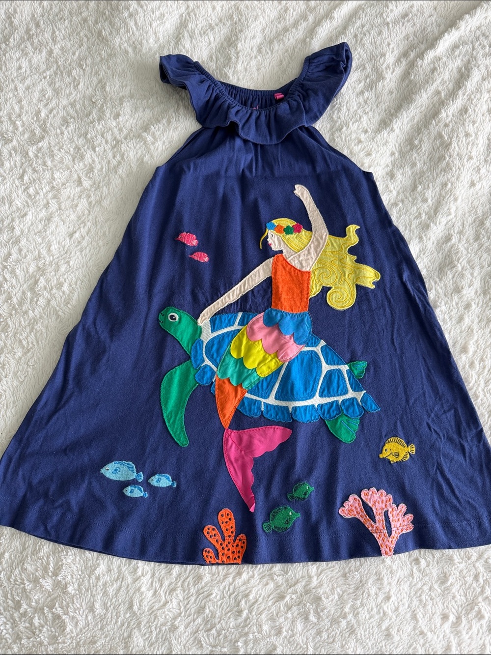 Mini Boden girls size 8-9 blue sleeveless knit mermaid turtle dress summer sun
